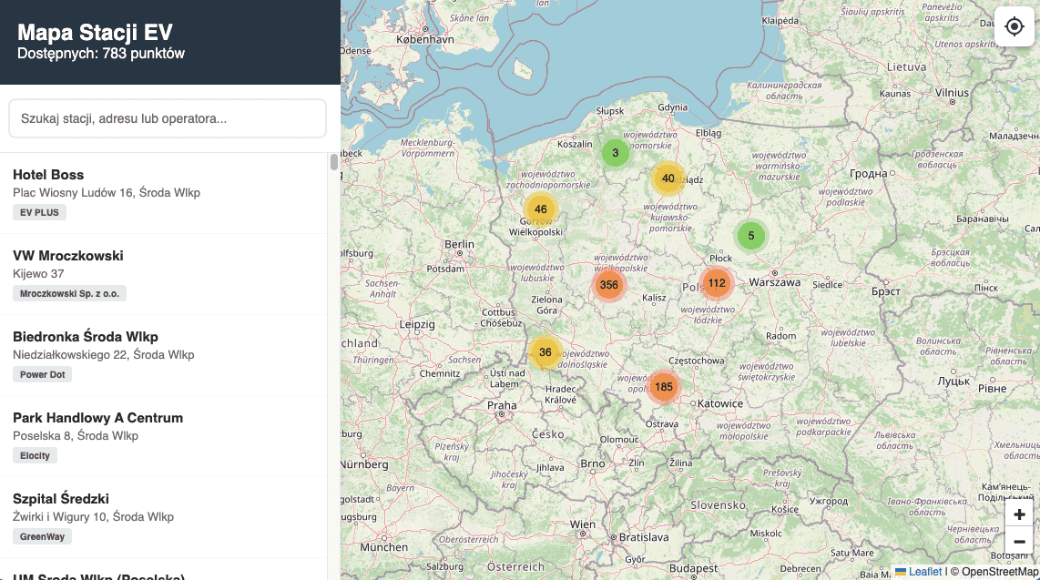 mapa stacji ładowania